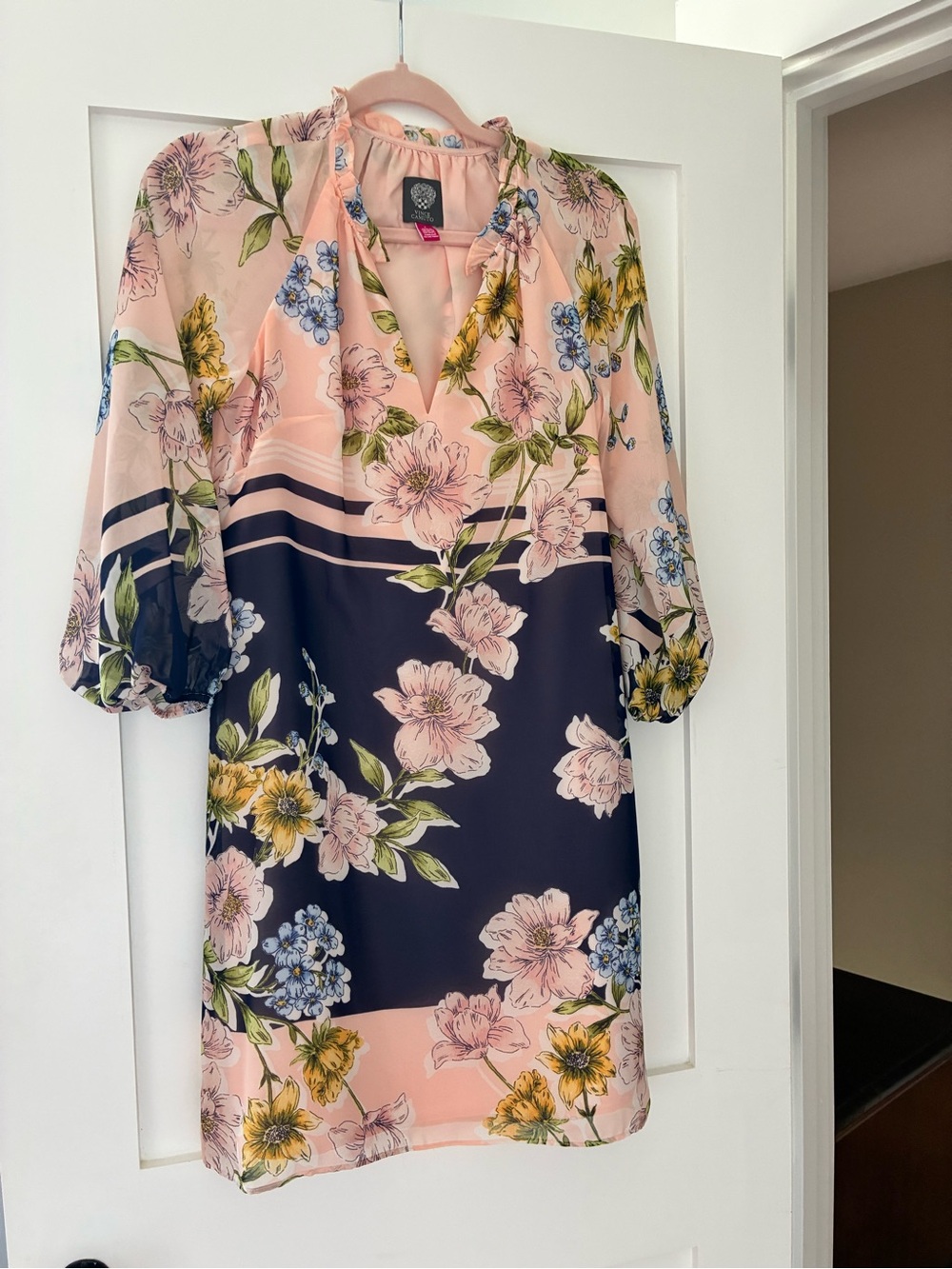 Vince Camuto Pink and Navy Floral Midi Dress